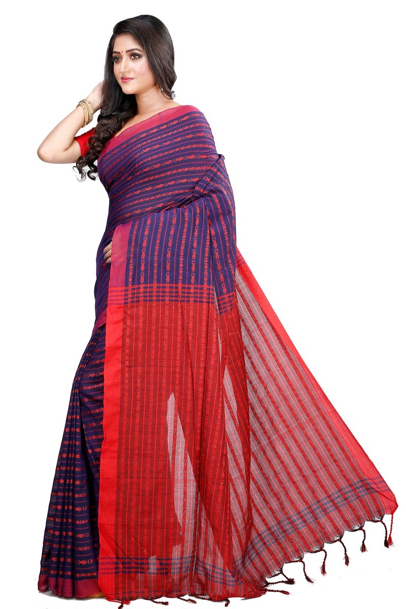 Blue Brown Pure Cotton Rohal Hand Loom Saree (8015)