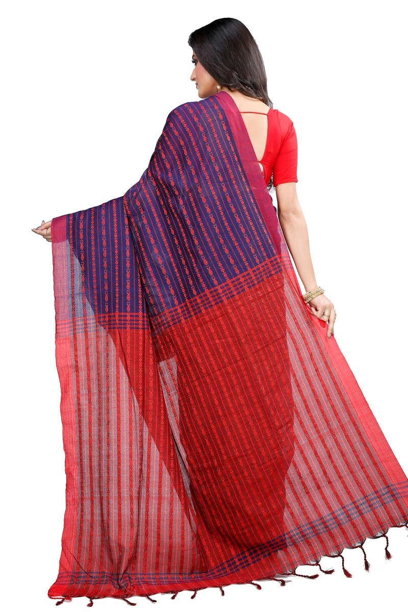 Blue Brown Pure Cotton Rohal Hand Loom Saree (8015)