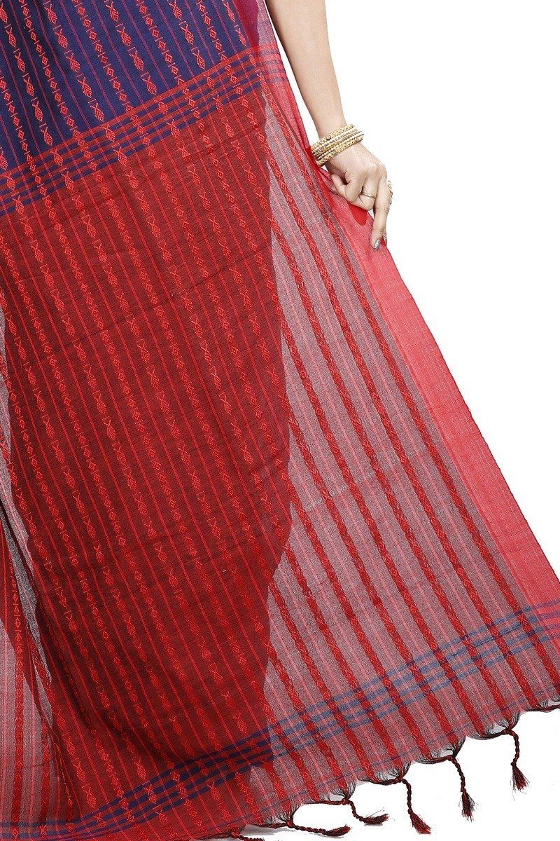 Blue Brown Pure Cotton Rohal Hand Loom Saree (8015)