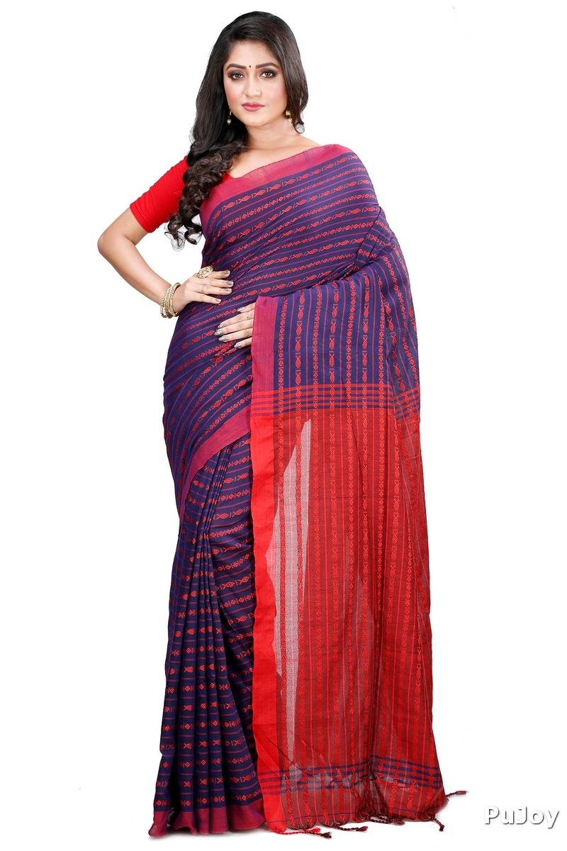 Blue Brown Pure Cotton Rohal Hand Loom Saree (8015)