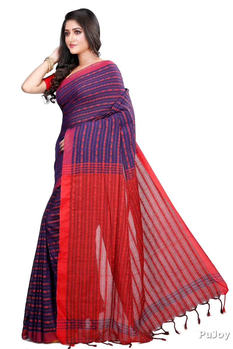 Blue Brown Pure Cotton Rohal Hand Loom Saree (8015)