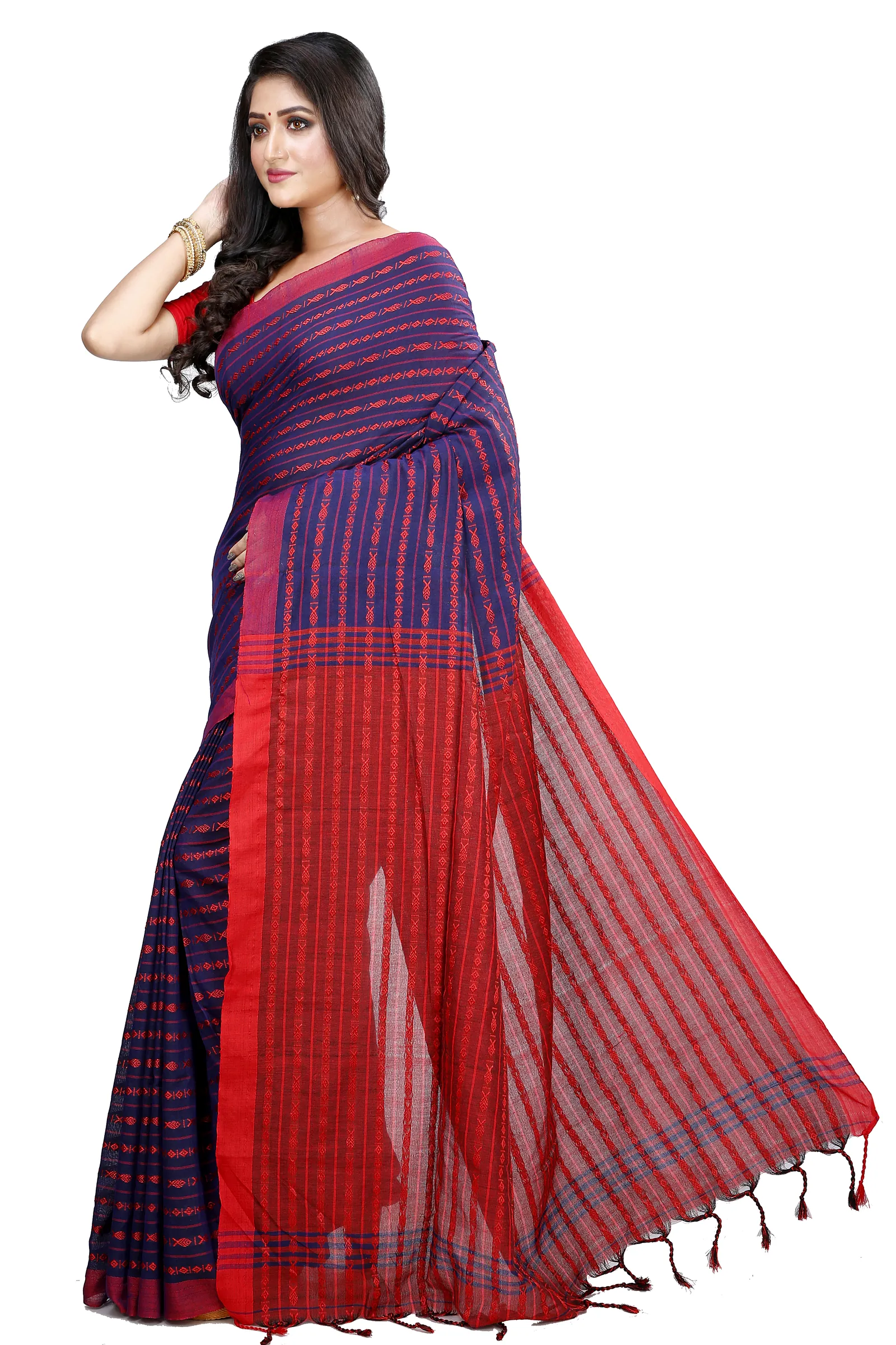 Blue Brown Pure Cotton Rohal Hand Loom Saree (8015)