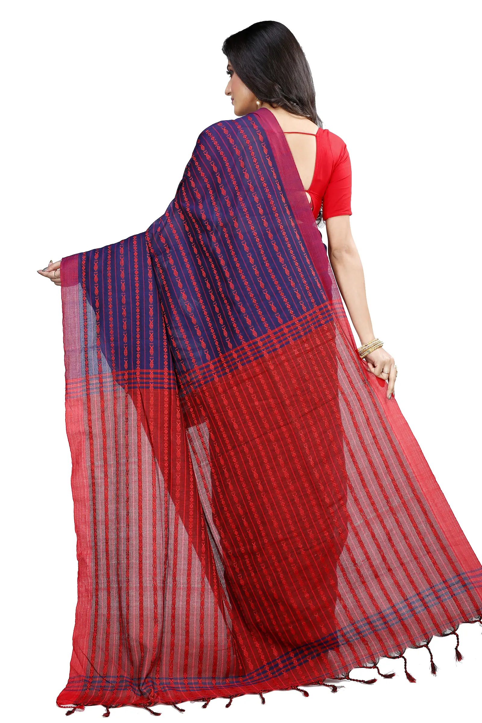 Blue Brown Pure Cotton Rohal Hand Loom Saree (8015)