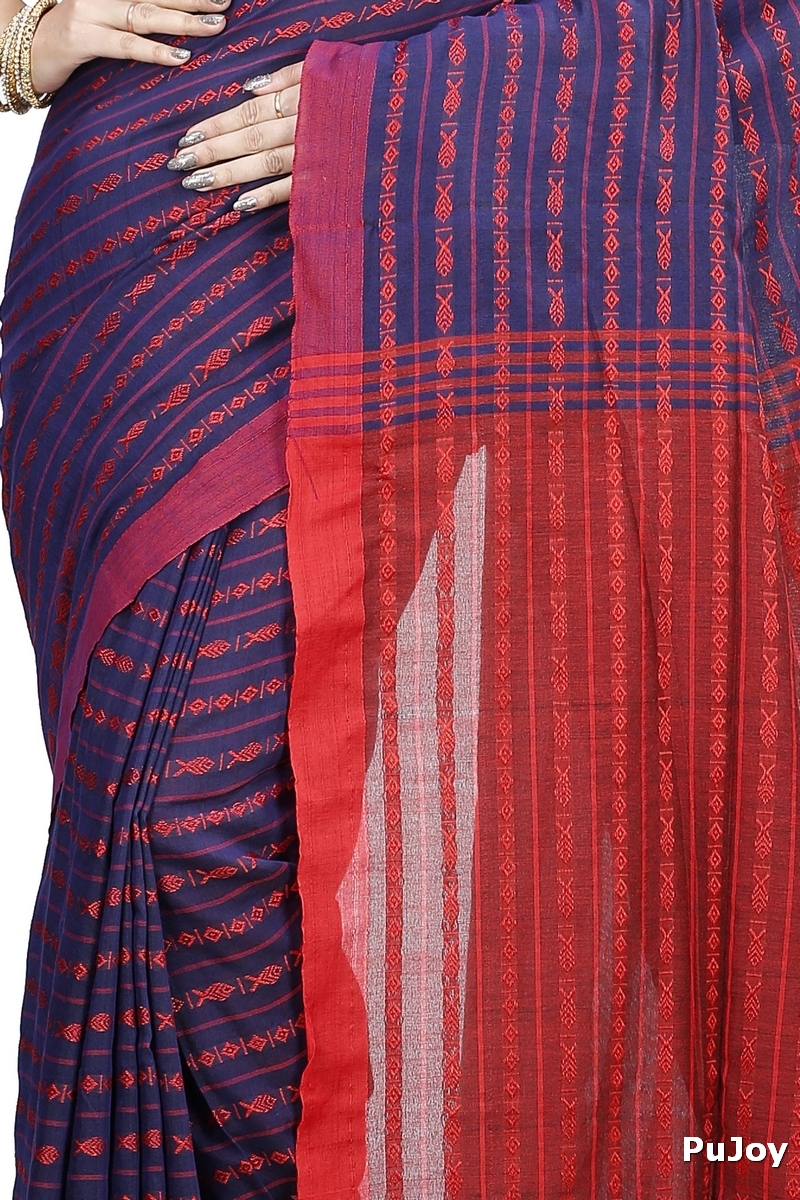 Blue Brown Pure Cotton Rohal Hand Loom Saree (8015)