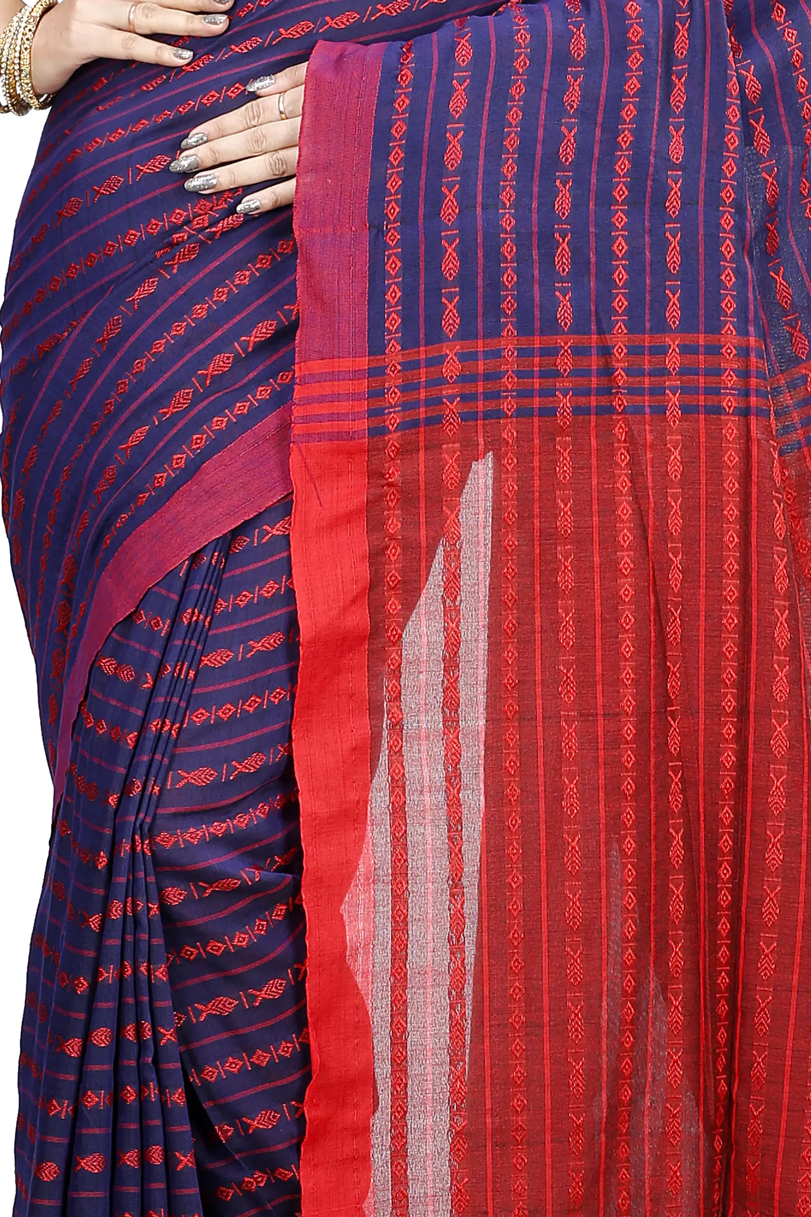 Blue Brown Pure Cotton Rohal Hand Loom Saree (8015)