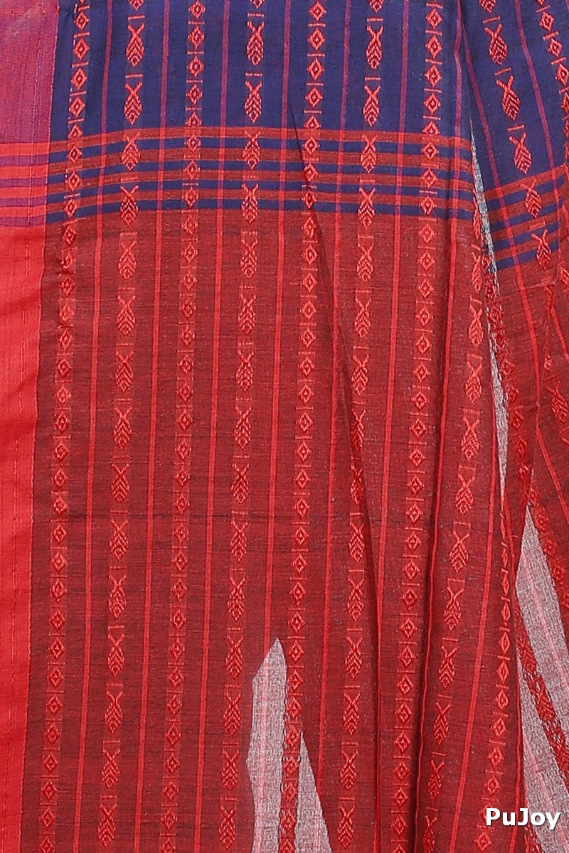 Blue Brown Pure Cotton Rohal Hand Loom Saree (8015)