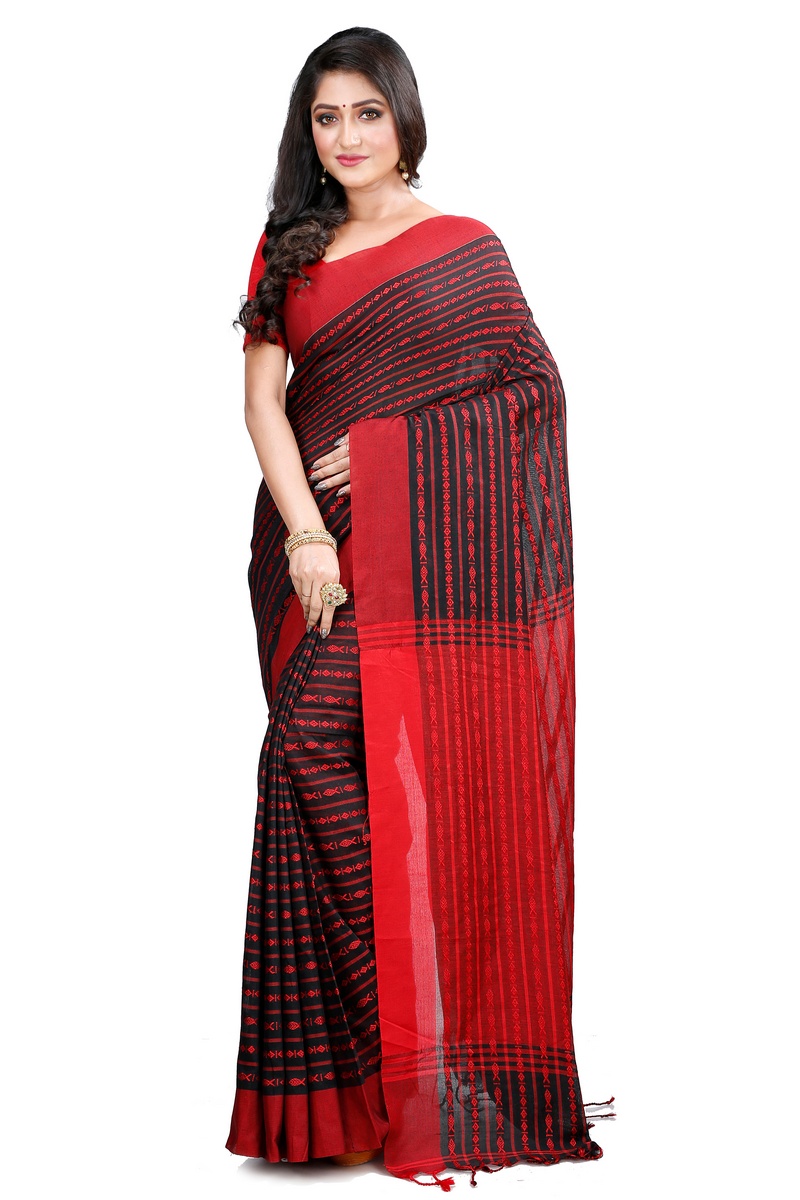 Black Maroon Pure Cotton Rohal Hand Loom Saree (8016)