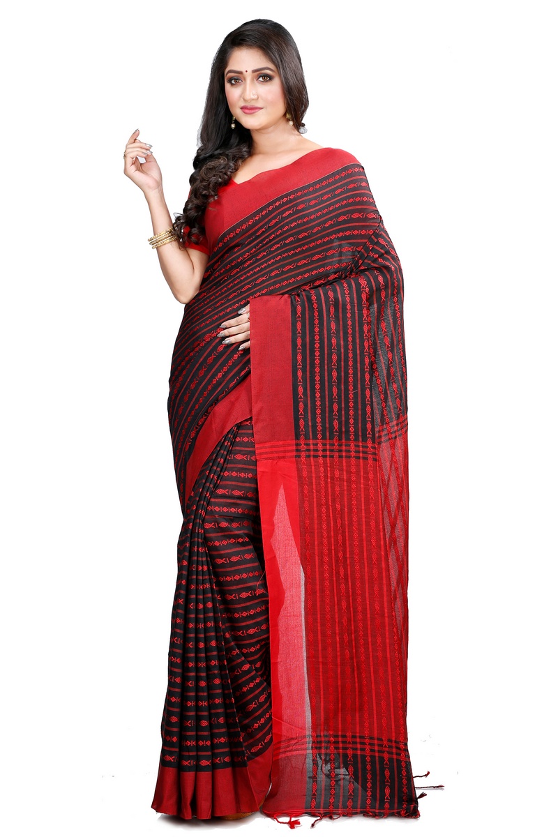 Black Maroon Pure Cotton Rohal Hand Loom Saree (8016)