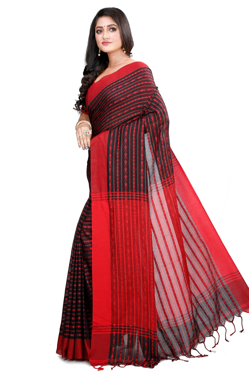 Black Maroon Pure Cotton Rohal Hand Loom Saree (8016)