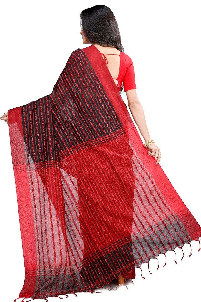 Black Maroon Pure Cotton Rohal Hand Loom Saree (8016)