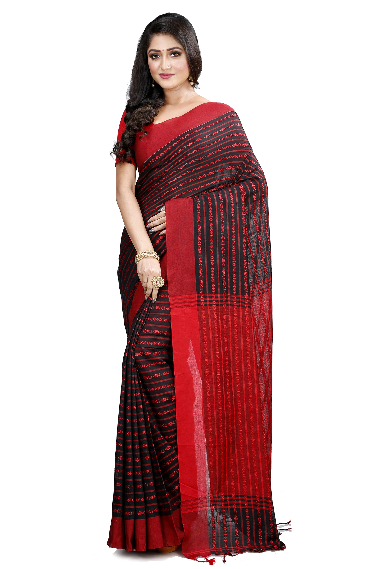 Black Maroon Pure Cotton Rohal Hand Loom Saree (8016)