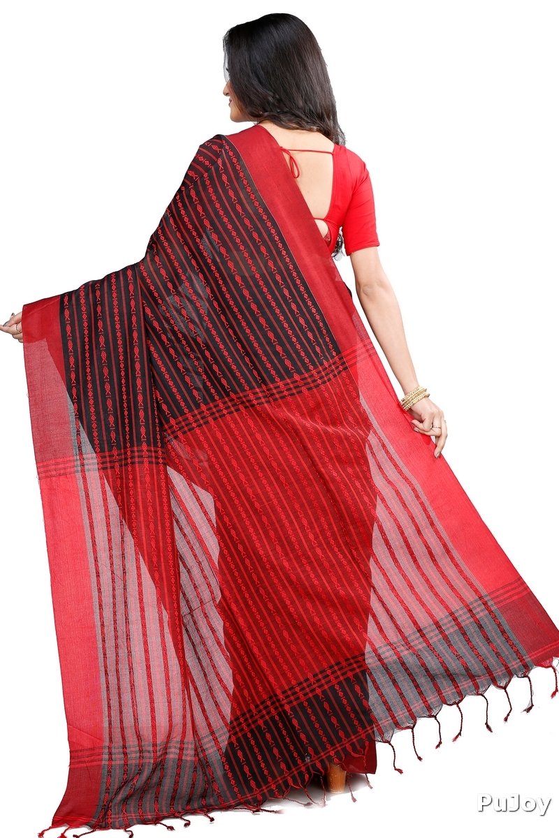 Black Maroon Pure Cotton Rohal Hand Loom Saree (8016)