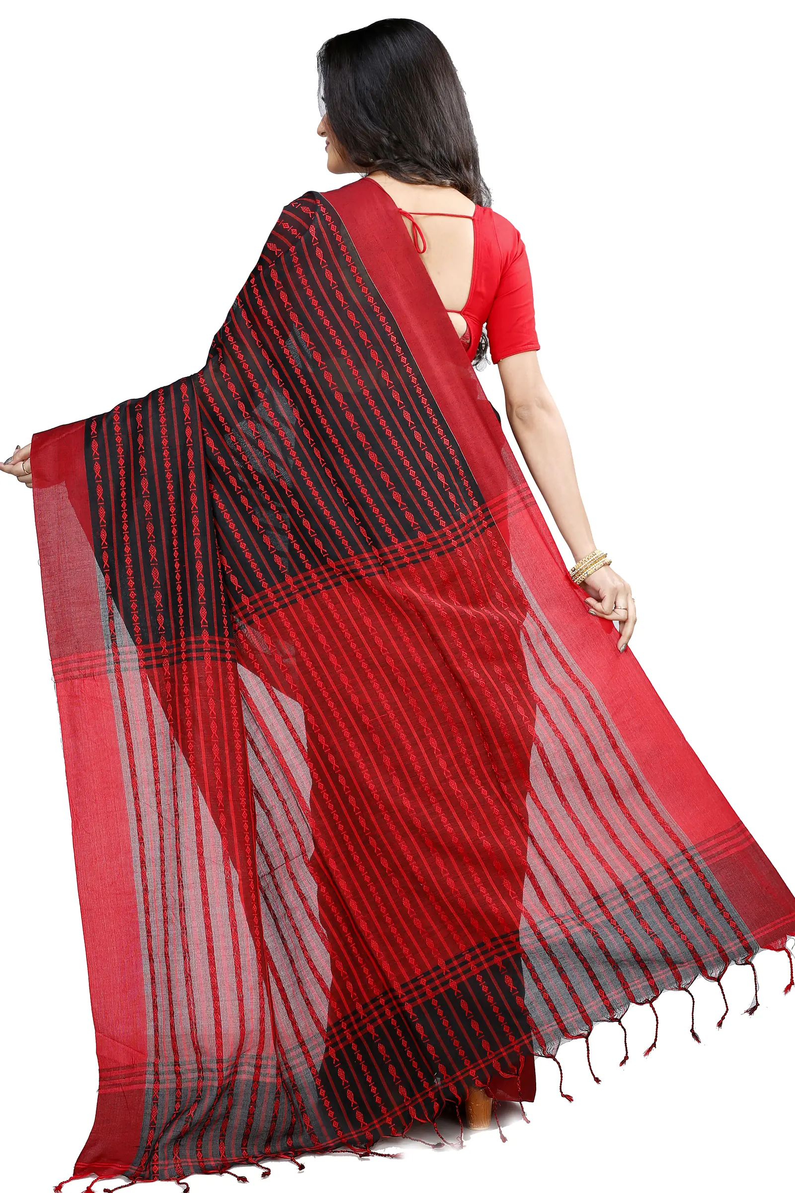 Black Maroon Pure Cotton Rohal Hand Loom Saree (8016)