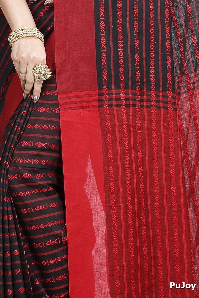 Black Maroon Pure Cotton Rohal Hand Loom Saree (8016)