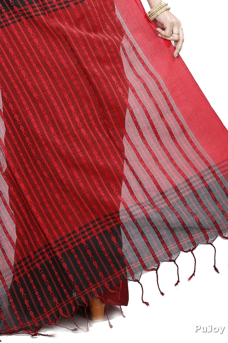 Black Maroon Pure Cotton Rohal Hand Loom Saree (8016)