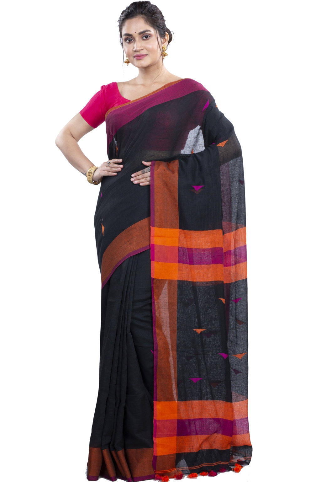Black Pure Cotton Clasic_Than Hand Loom Saree (802)