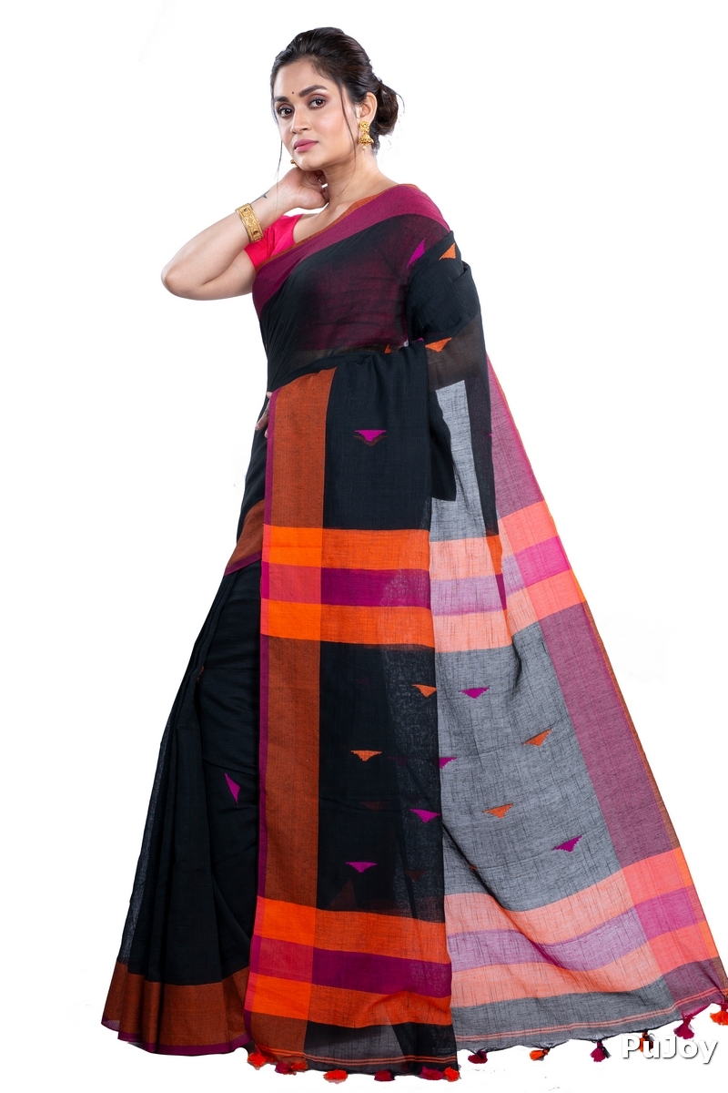 Black Pure Cotton Clasic_Than Hand Loom Saree (802)