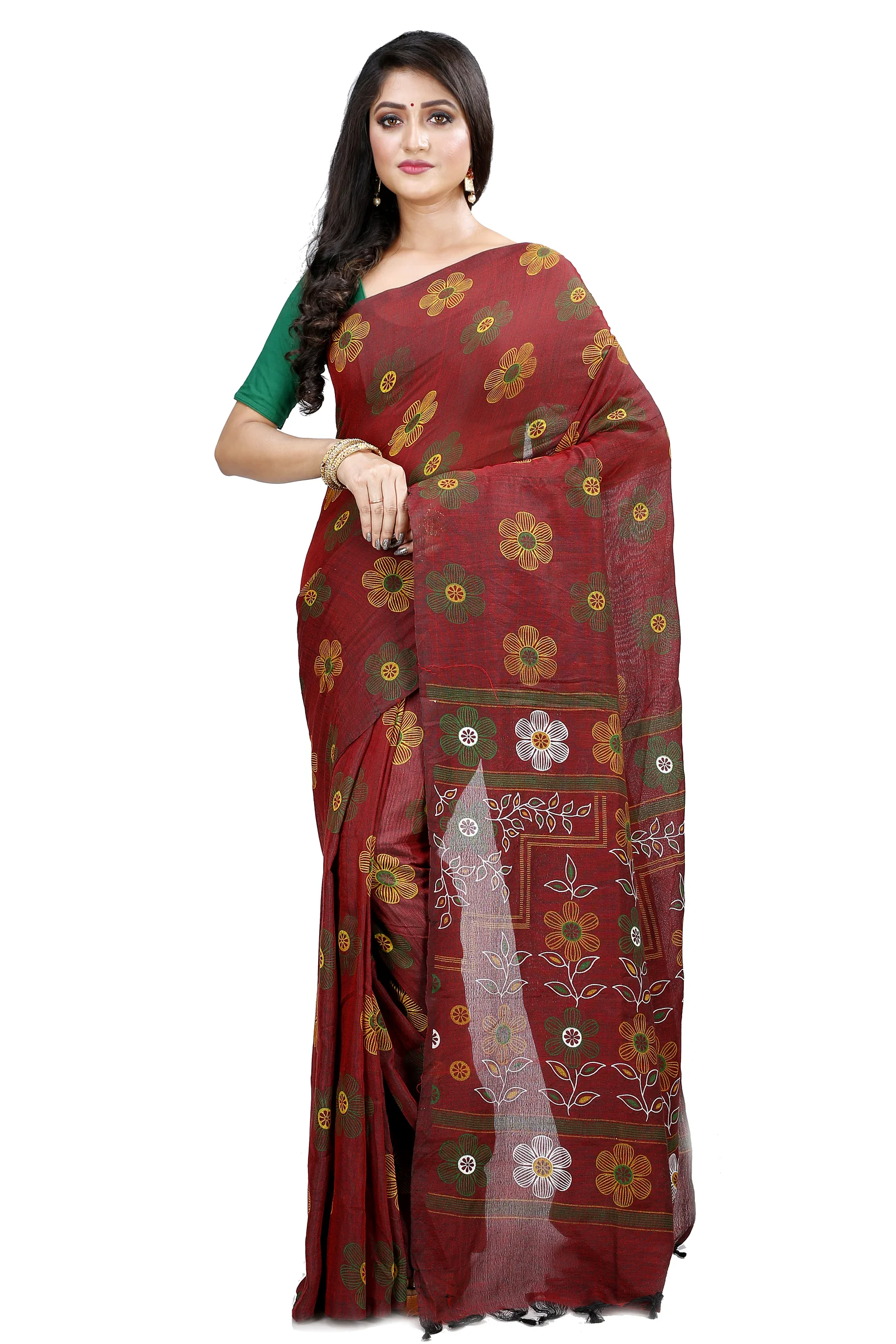 Brown Blended Cotton Rohak Hand Loom Saree (8021)