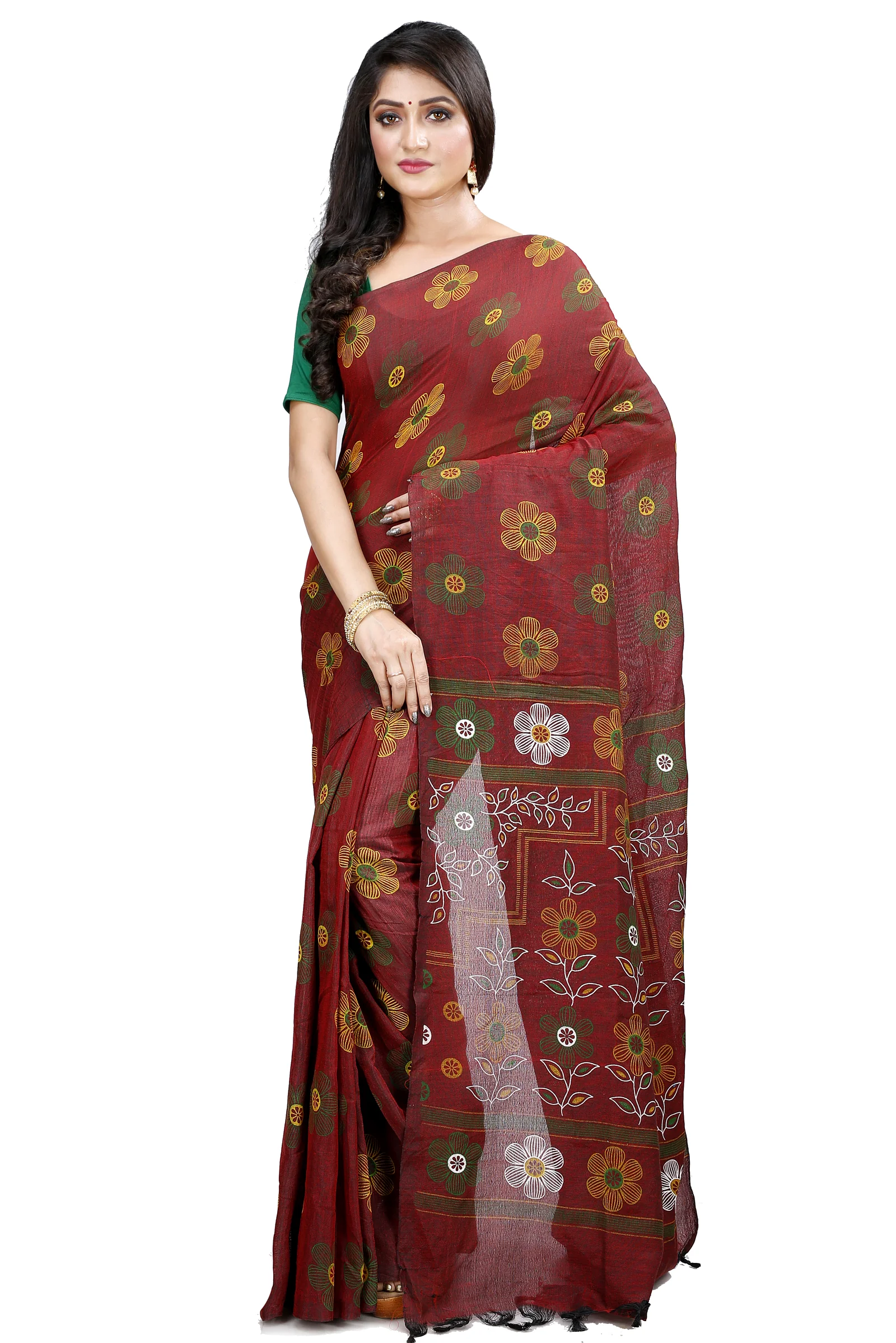 Brown Blended Cotton Rohak Hand Loom Saree (8021)