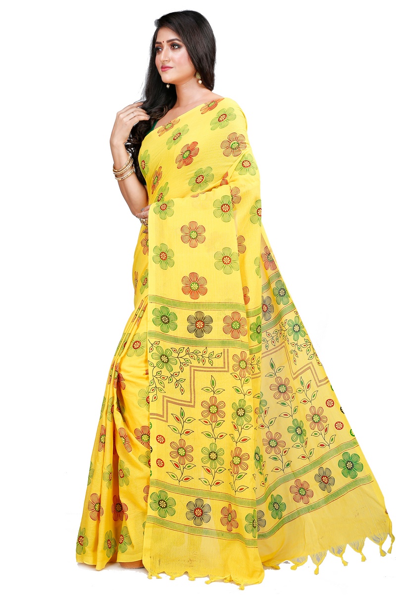Yellow Blended Cotton Rohak Hand Loom Saree (8022)