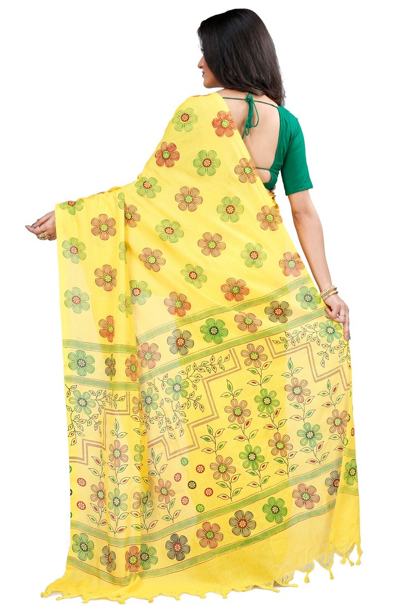 Yellow Blended Cotton Rohak Hand Loom Saree (8022)