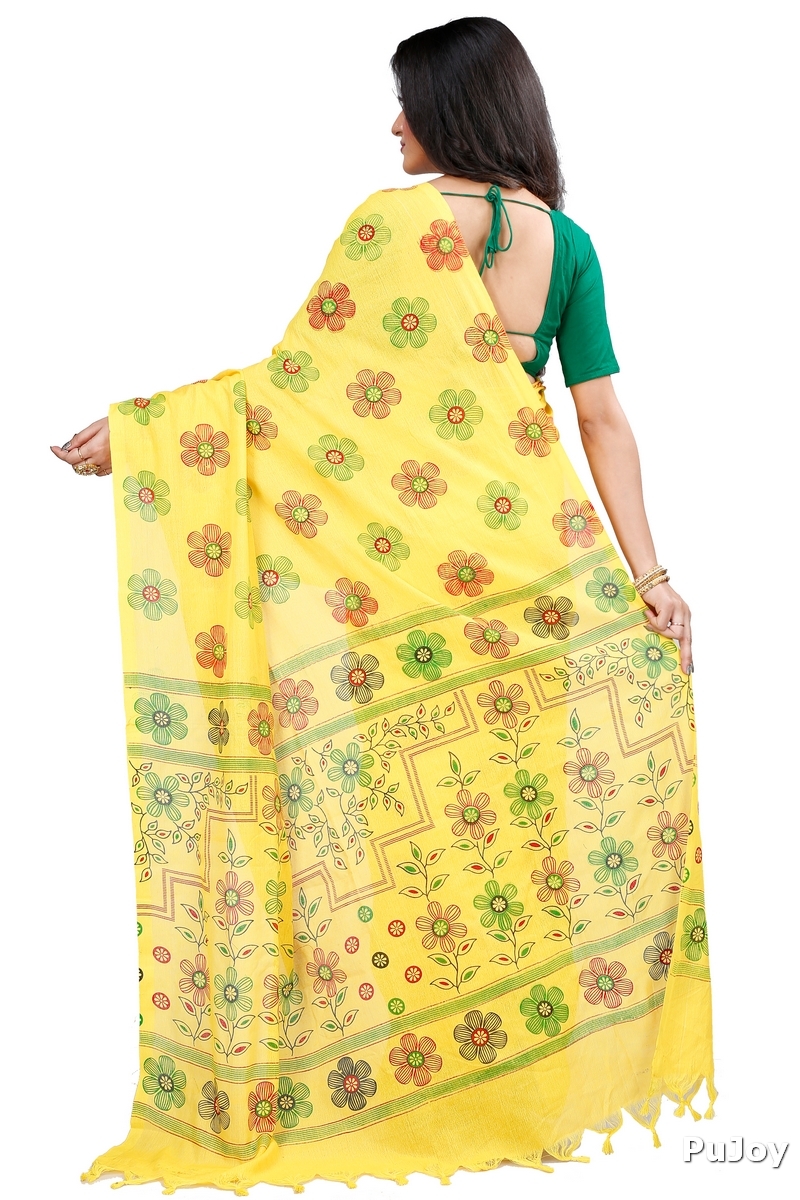 Yellow Blended Cotton Rohak Hand Loom Saree (8022)