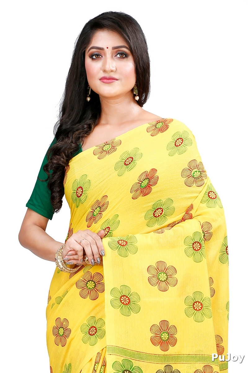 Yellow Blended Cotton Rohak Hand Loom Saree (8022)