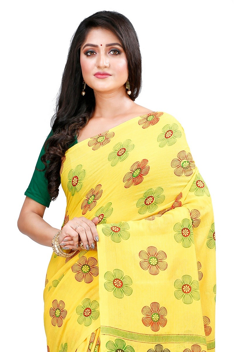 Yellow Blended Cotton Rohak Hand Loom Saree (8022)