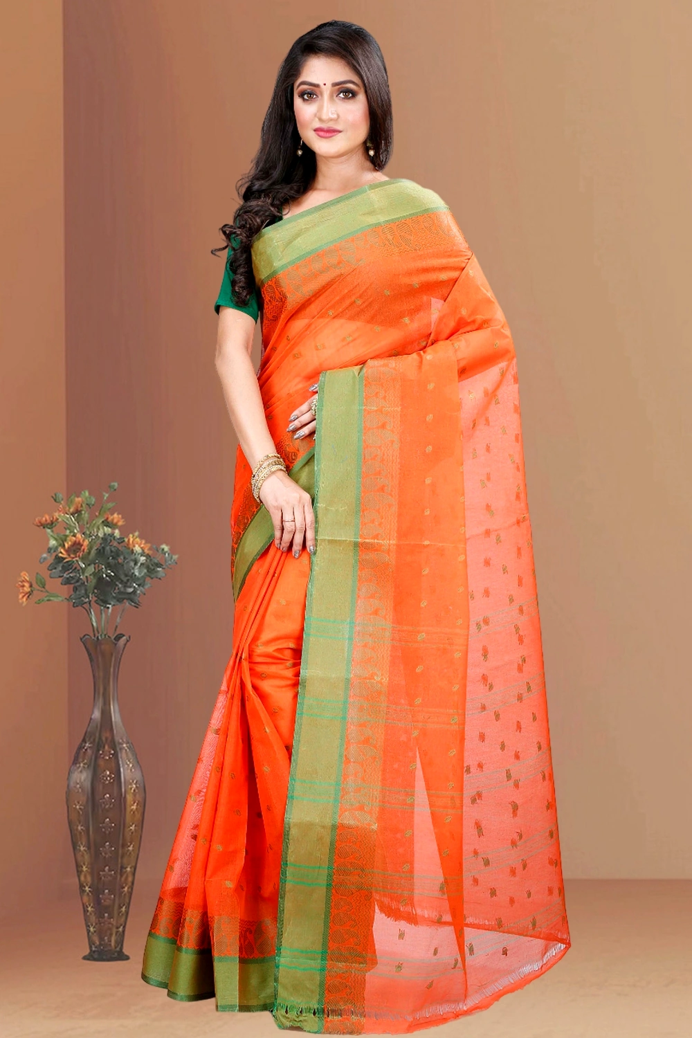 Orange Pure Cotton Rohel Tant Saree (8023)