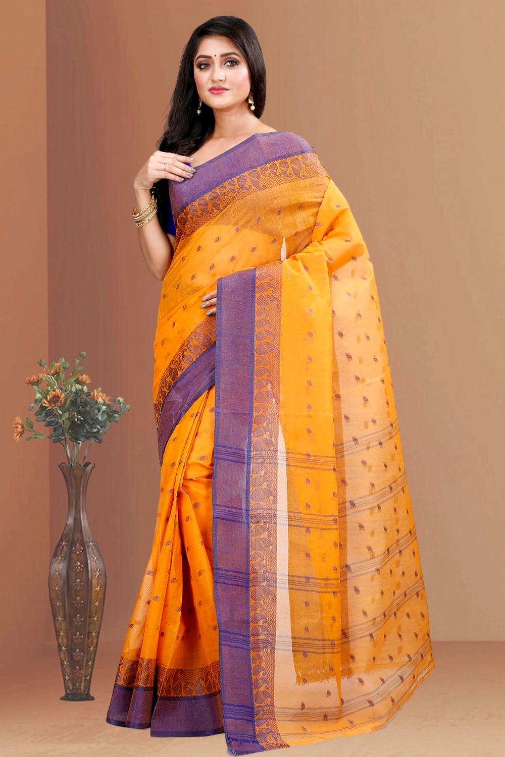Dark Yellow Pure Cotton Rohel Tant Saree (8026)