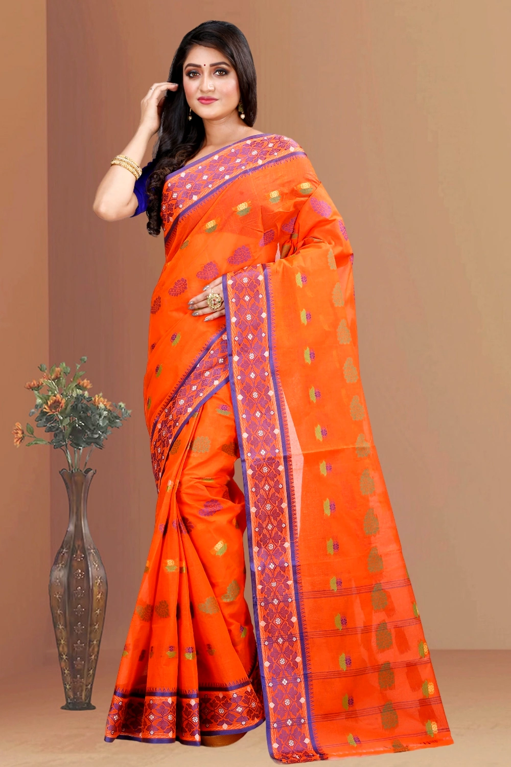Orange Pure Cotton Rohini Tant Saree (8030)