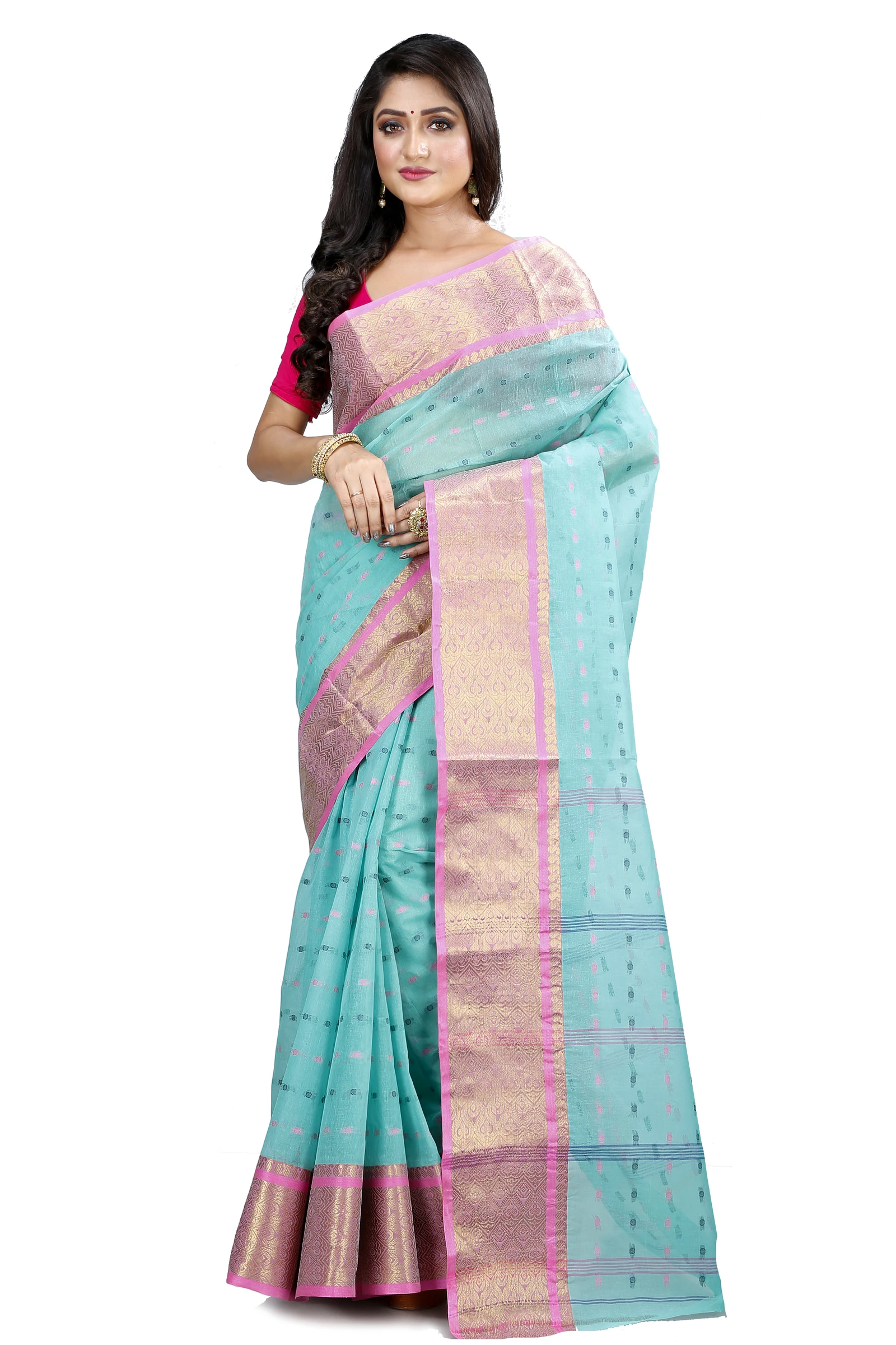 See Green Pure Cotton Roham Tant Saree (8034)