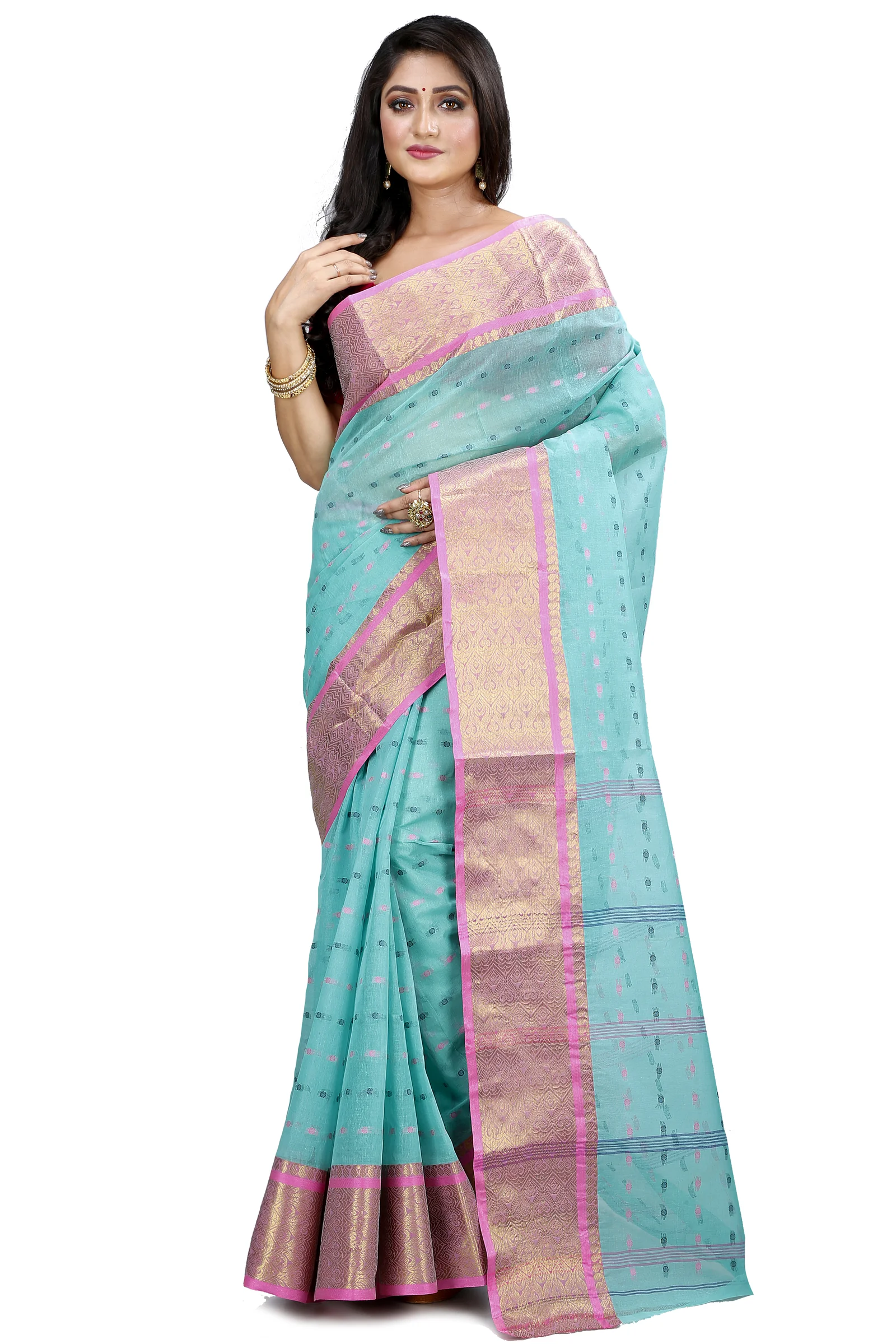 See Green Pure Cotton Roham Tant Saree (8034)