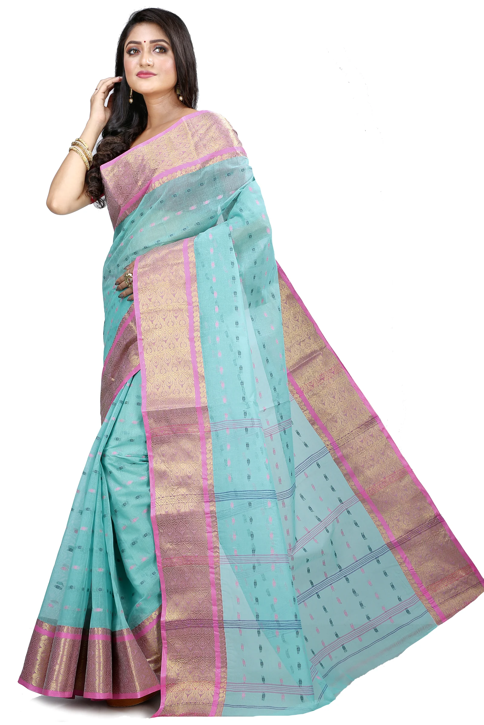 See Green Pure Cotton Roham Tant Saree (8034)