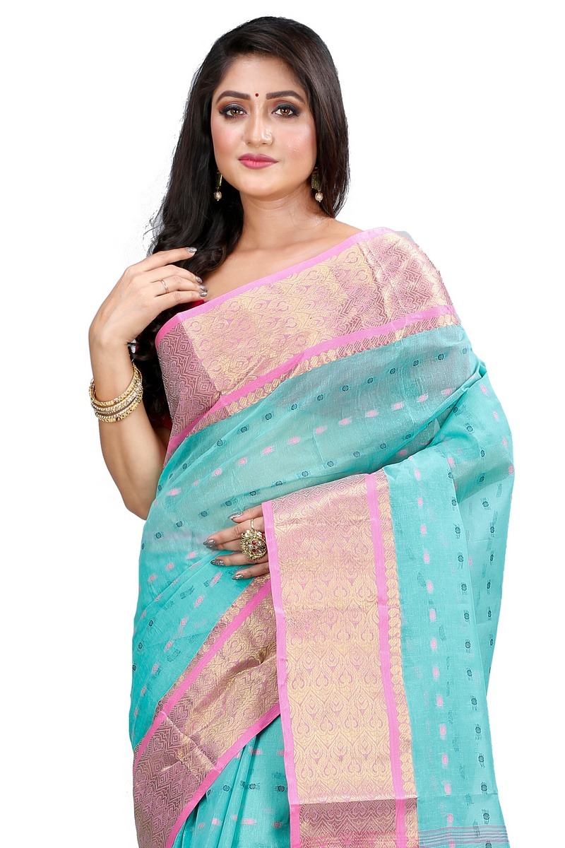 See Green Pure Cotton Roham Tant Saree (8034)