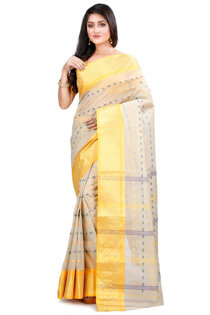 Cream Pure Cotton Roham Tant Saree (8037)