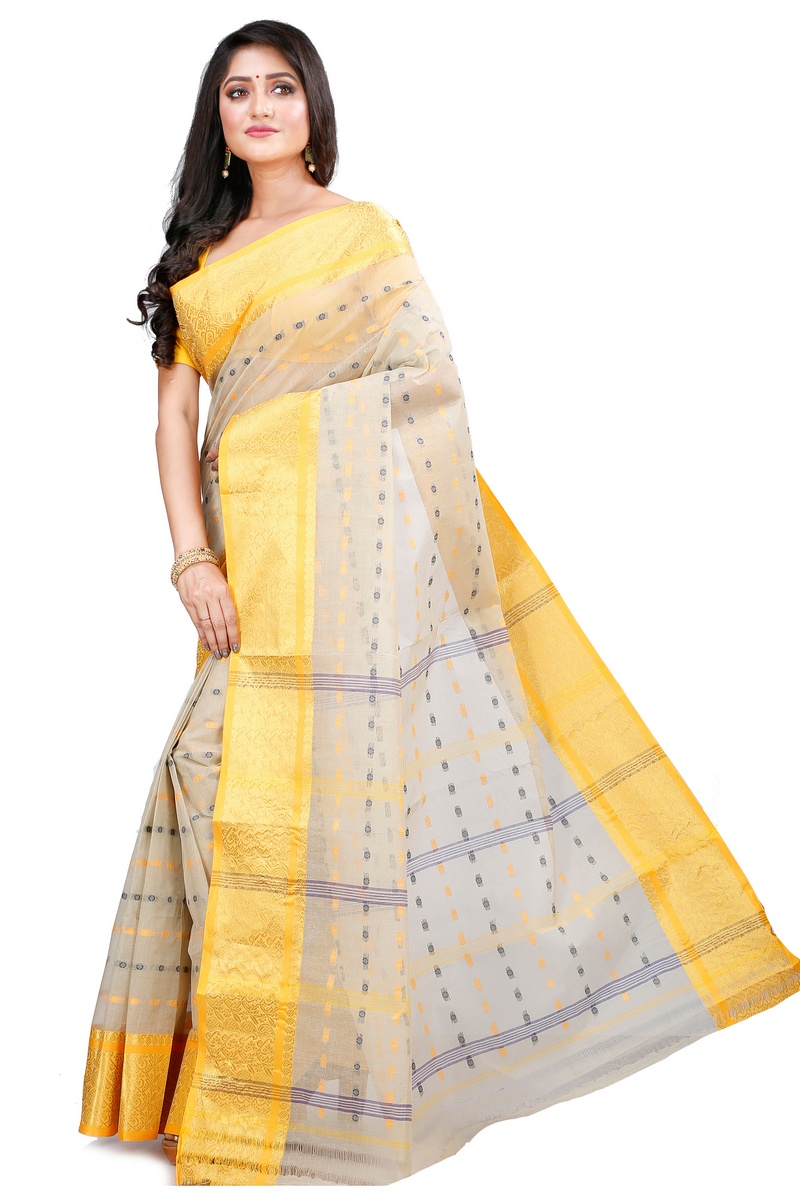 Cream Pure Cotton Roham Tant Saree (8037)