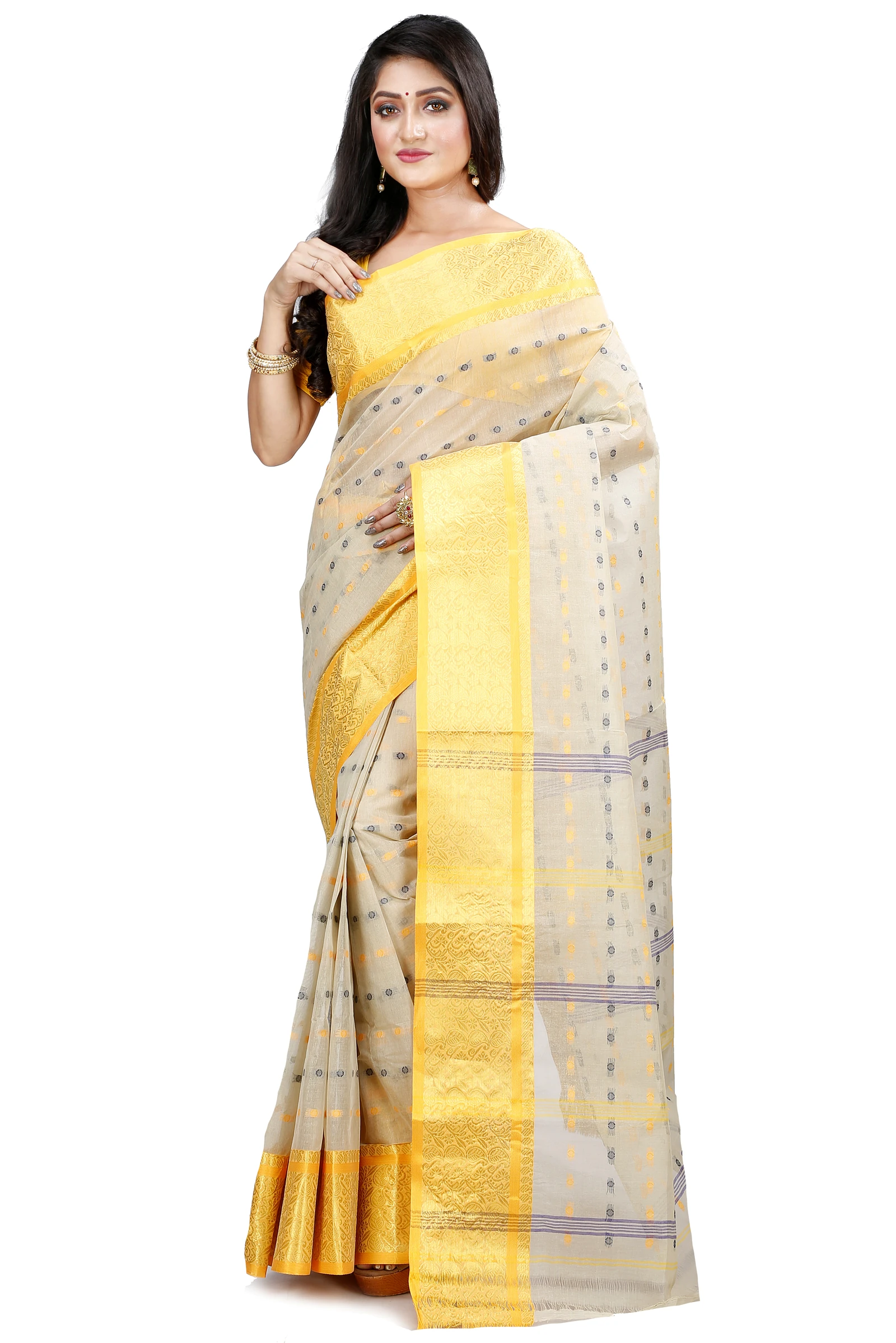 Cream Pure Cotton Roham Tant Saree (8037)