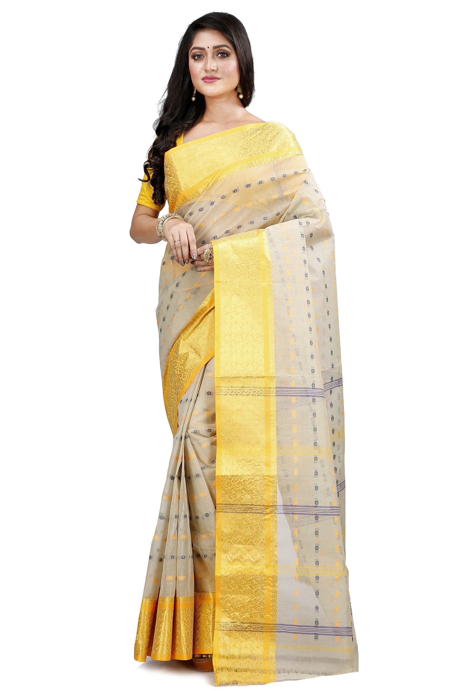 Cream Pure Cotton Roham Tant Saree (8037)