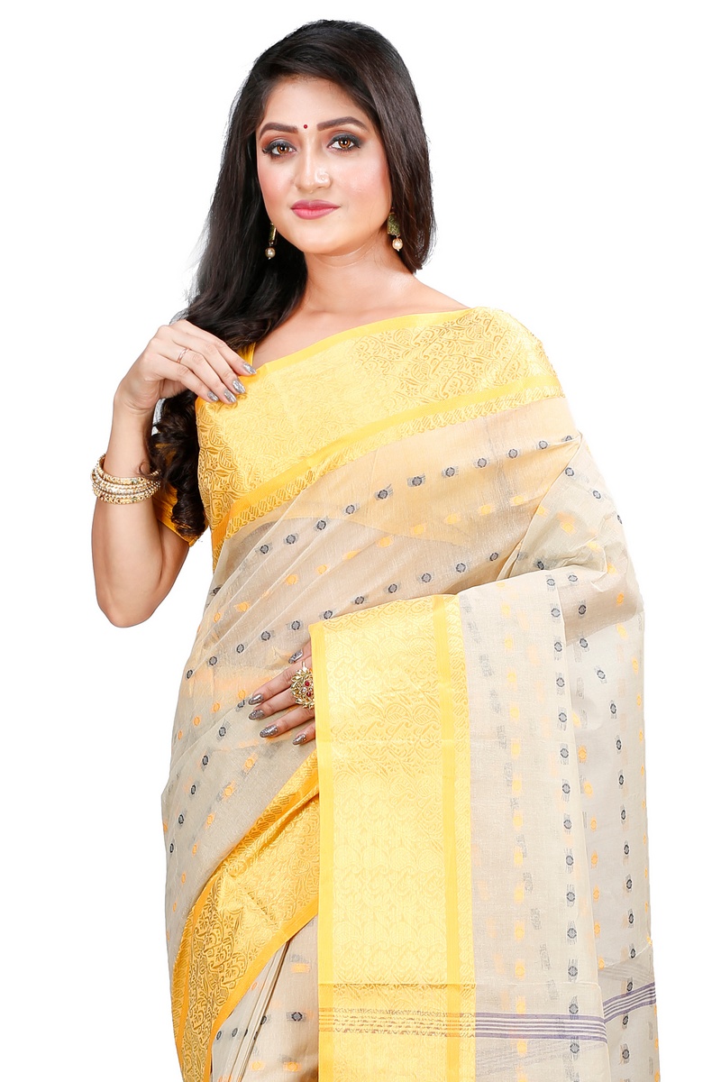 Cream Pure Cotton Roham Tant Saree (8037)