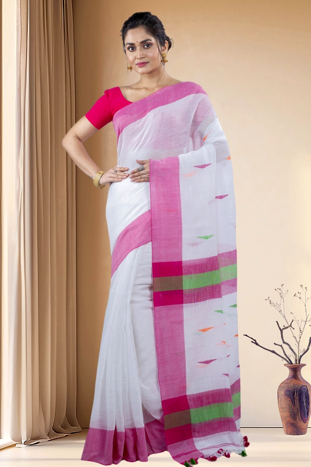 White Pure Cotton Clasic_Than Hand Loom Saree (805)