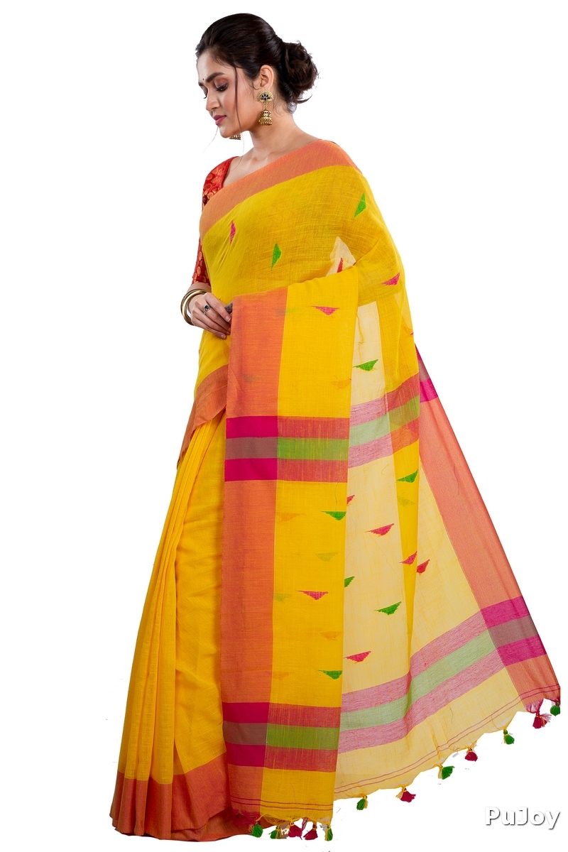 Yellow Pure Cotton Clasic_Than Hand Loom Saree (806)