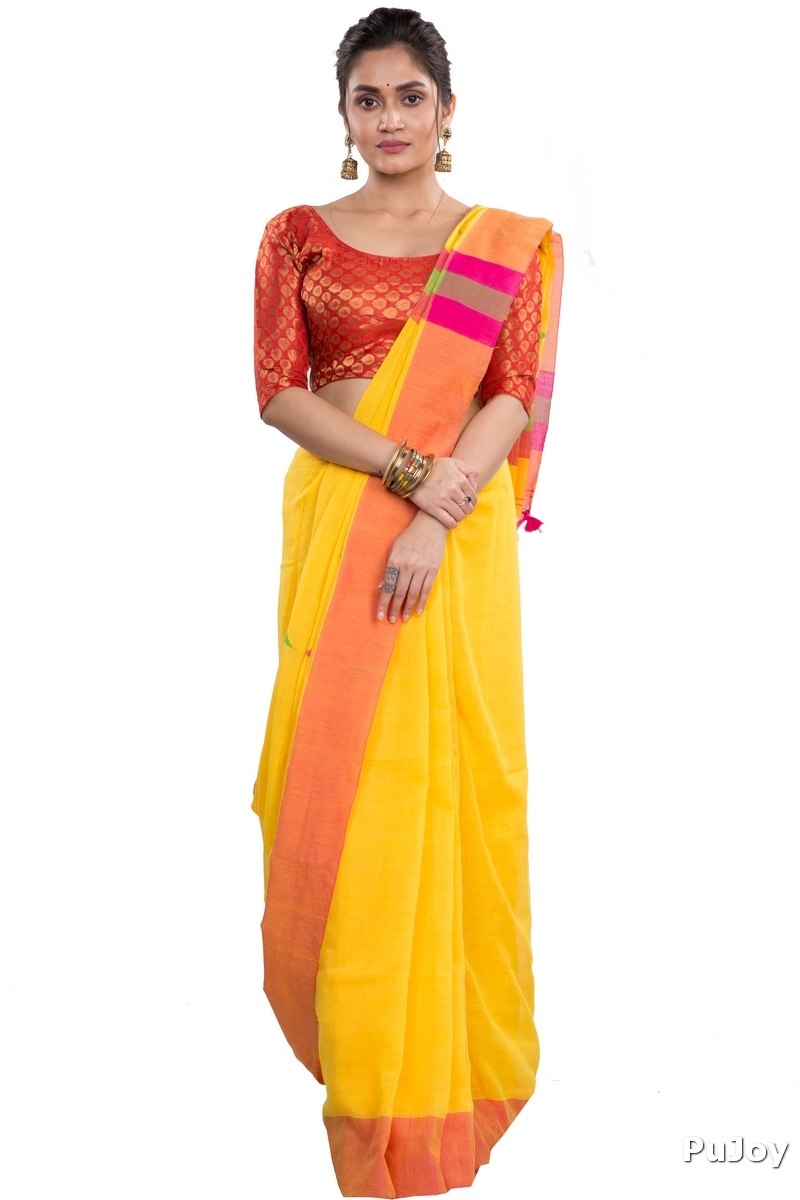 Yellow Pure Cotton Clasic_Than Hand Loom Saree (806)