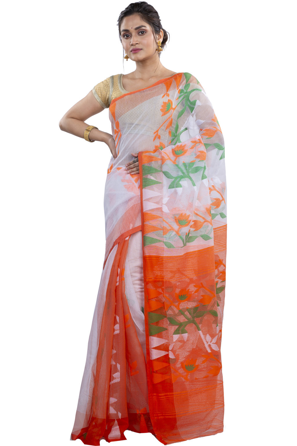 White Orange Blended Cotton Moha_Jamdani Jamdani Saree (808)