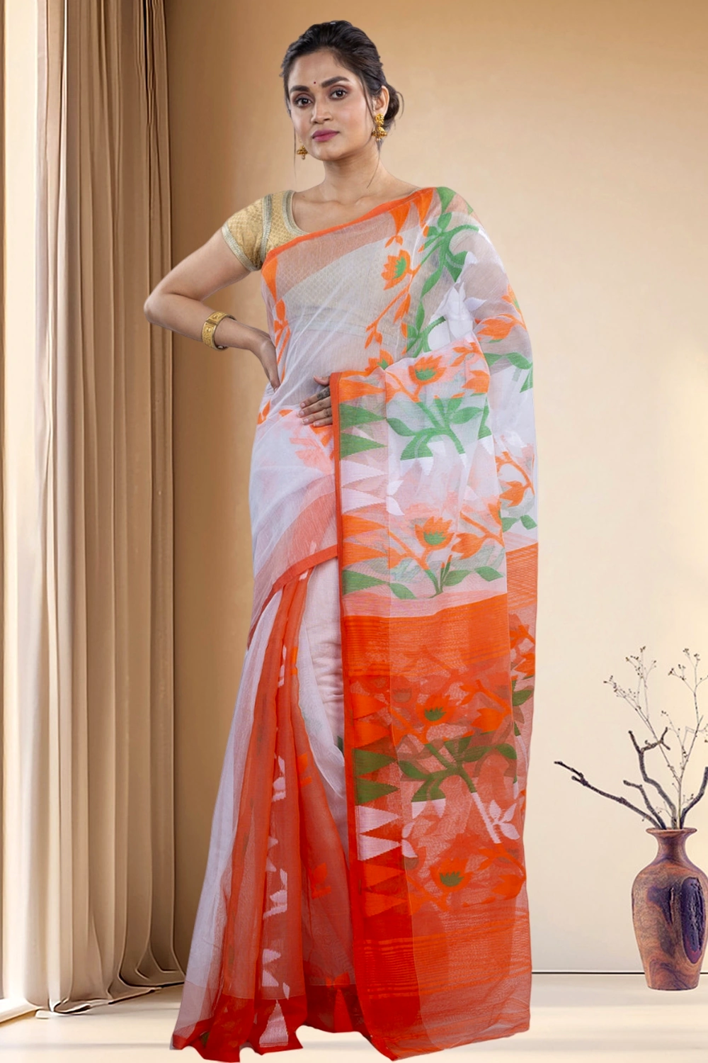 White Orange Blended Cotton Moha_Jamdani Jamdani Saree (808)