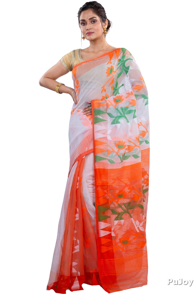 White Orange Blended Cotton Moha_Jamdani Jamdani Saree (808)