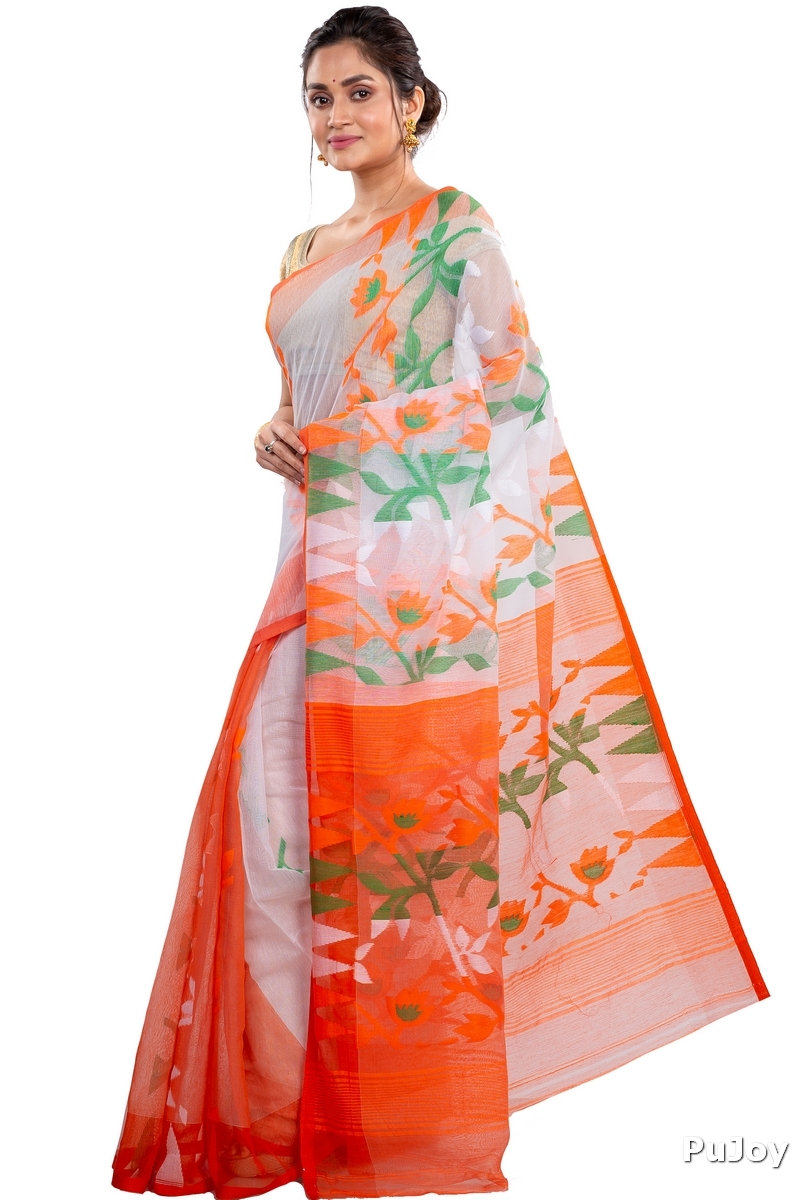 White Orange Blended Cotton Moha_Jamdani Jamdani Saree (808)