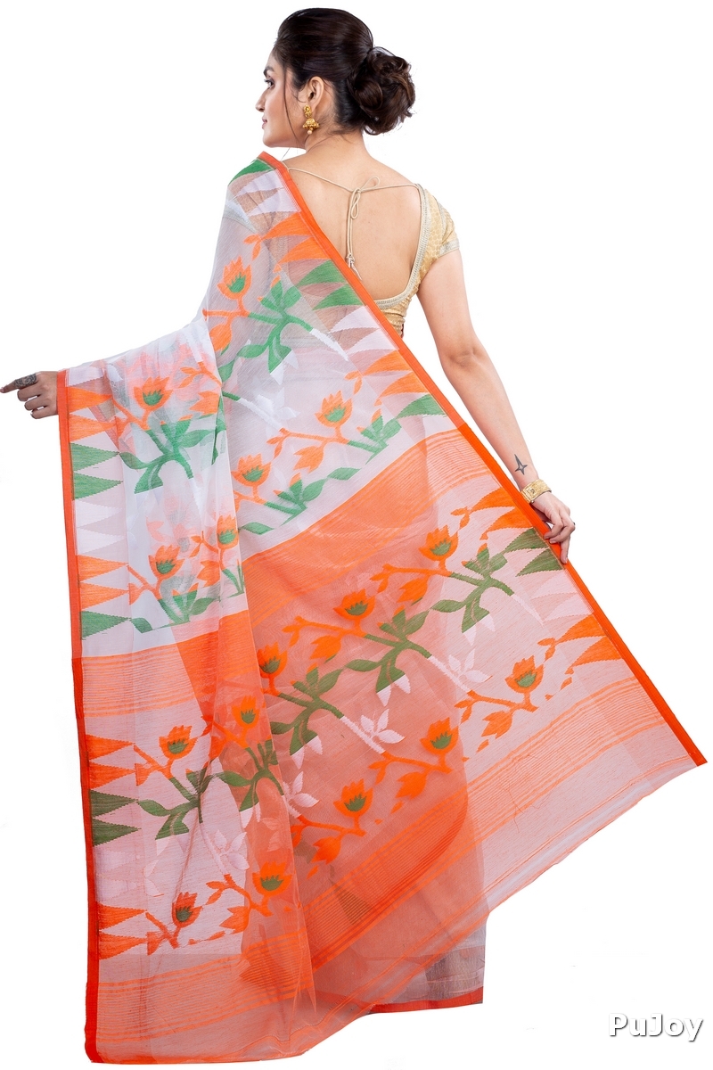 White Orange Blended Cotton Moha_Jamdani Jamdani Saree (808)