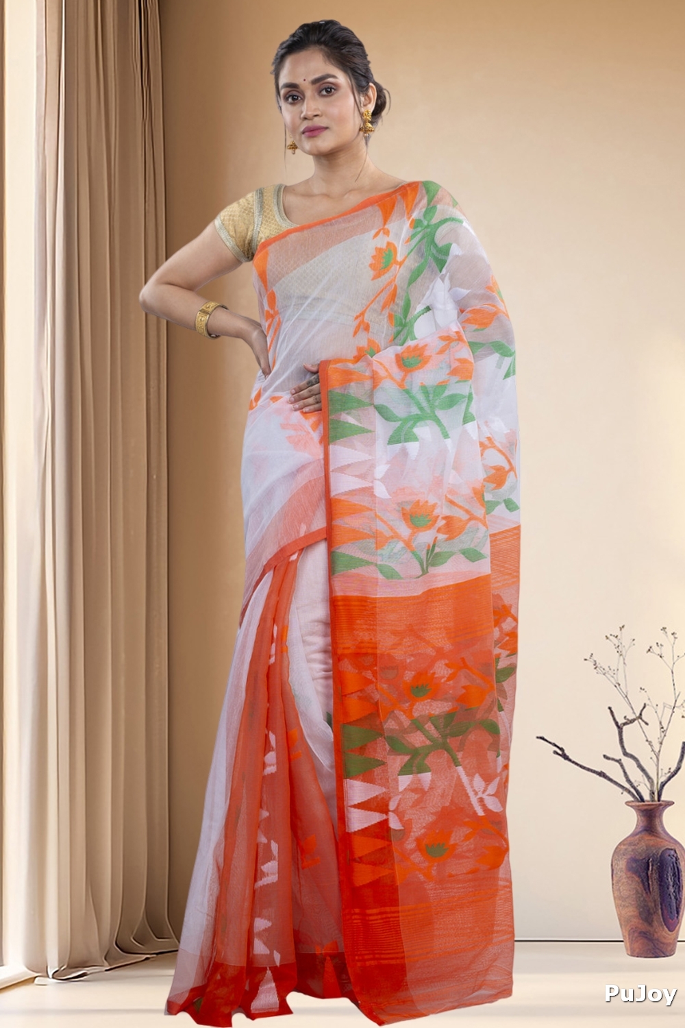 White Orange Blended Cotton Moha_Jamdani Jamdani Saree (808)