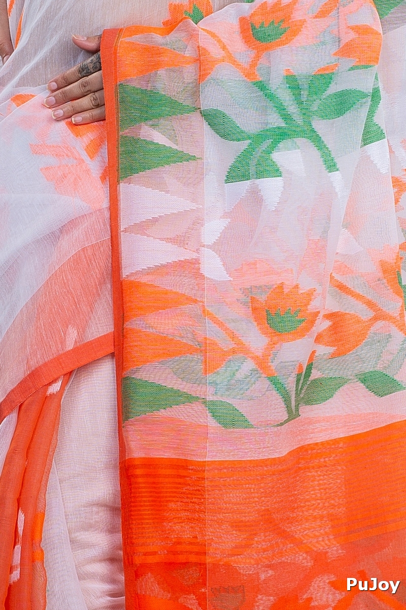 White Orange Blended Cotton Moha_Jamdani Jamdani Saree (808)